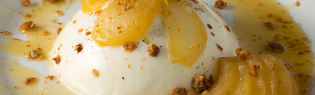 Vanilla Panna Cotta with Honey Ginger Poached Pears